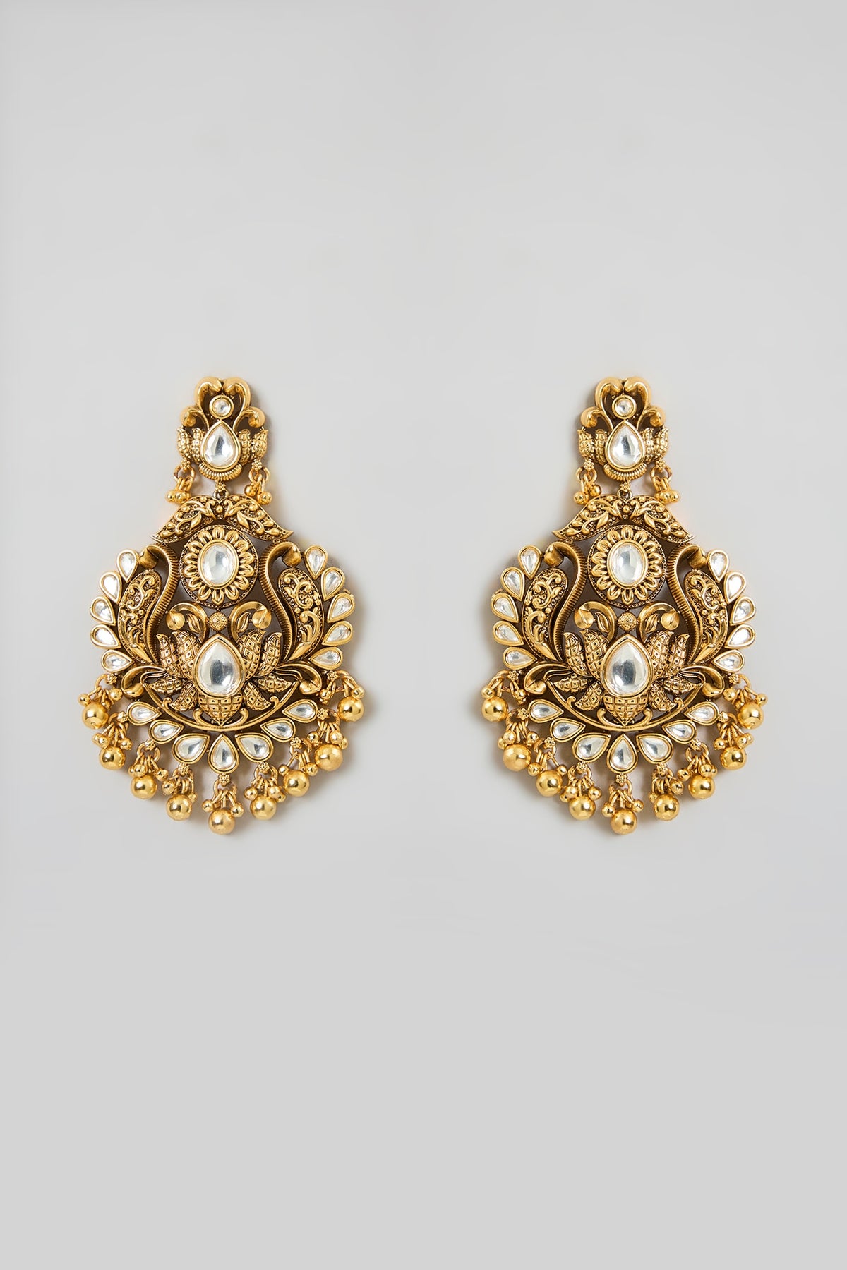 Gold Finish Pear-Shaped Stone & Beaded Floral Dangler Earrings