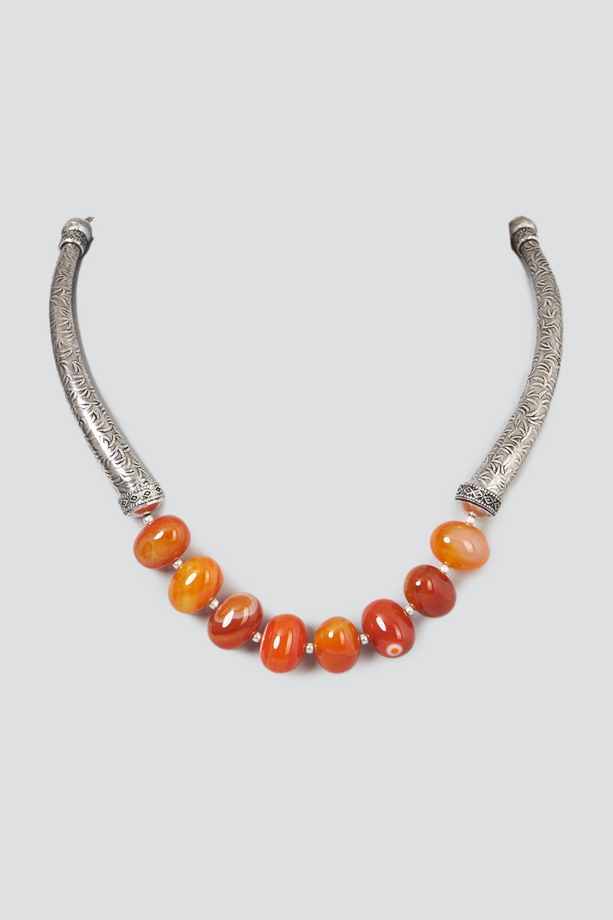 Oxidised Silver Finish Beaded Carved Necklace