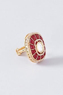 Gold Finish Kundan Polki & Red Stone Ring