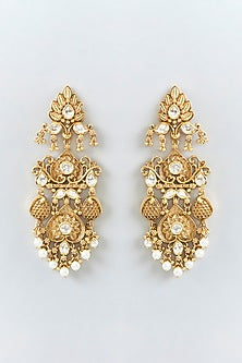 Gold Finish Pearl & White Stone Temple Dangler Earrings