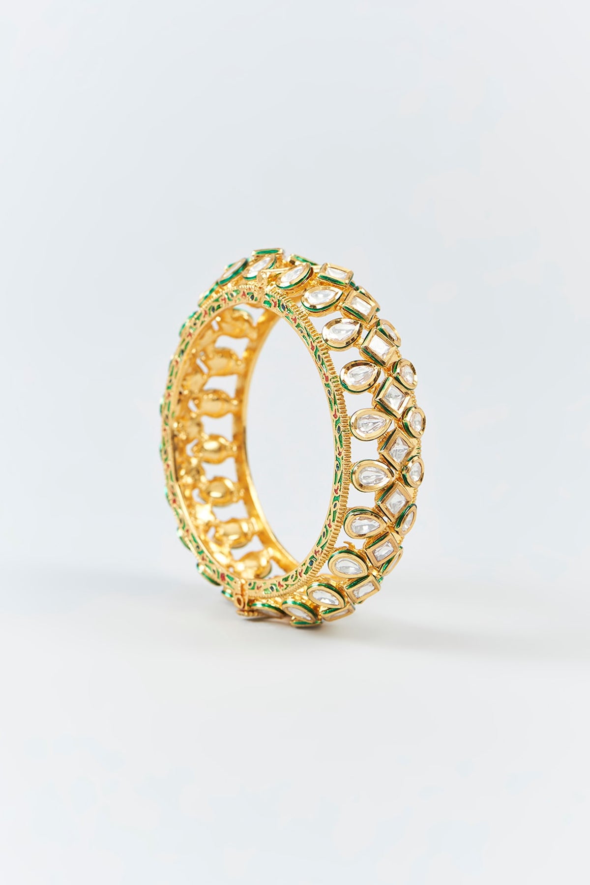 Gold Finish Kundan Polki Enameled Bangles (Set Of 2)