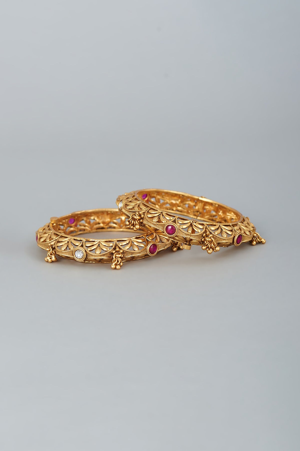 Gold Finish White & Red Stones Temple Bangles