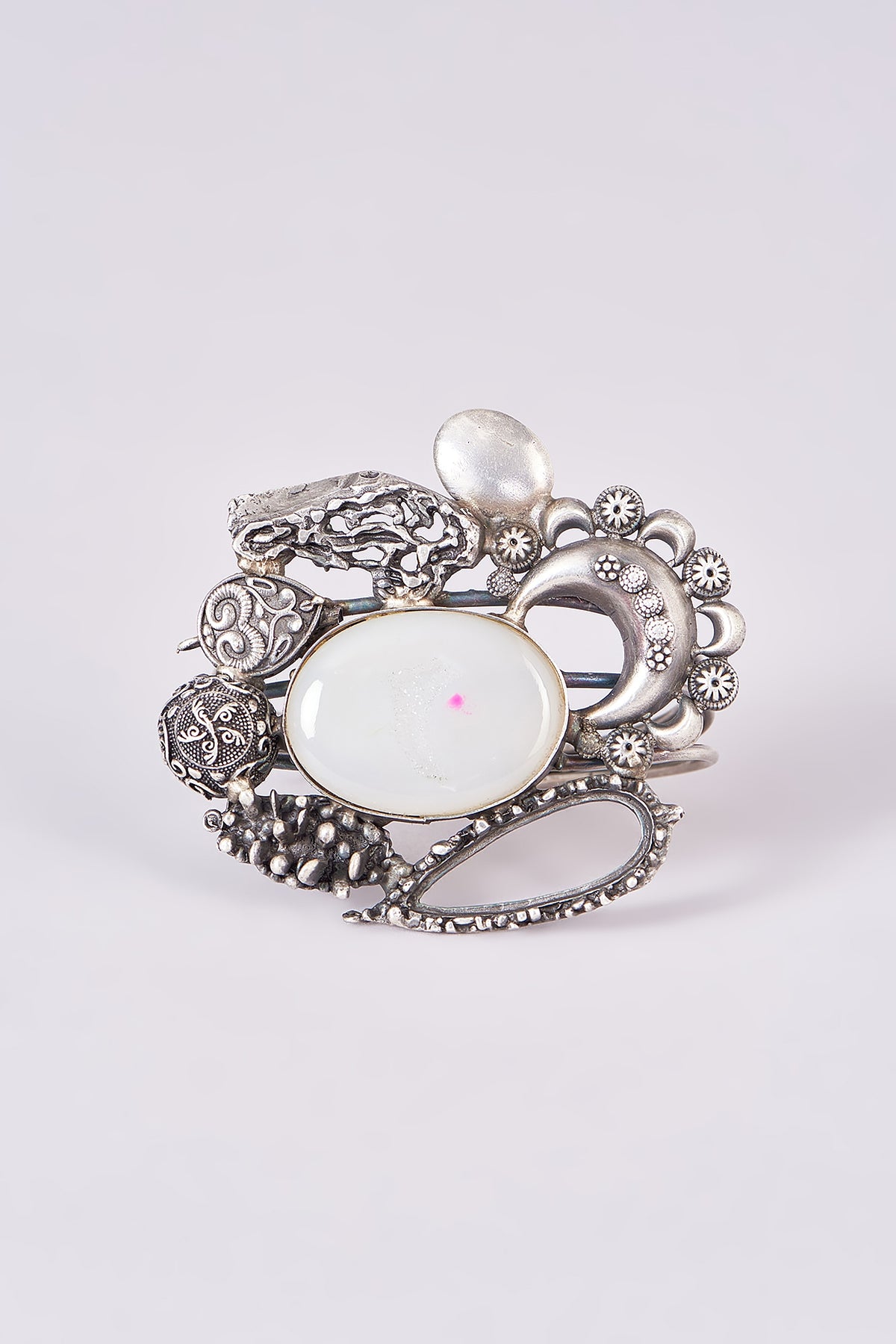 Silver Oxidized Finish White Stone Carved Bracelet