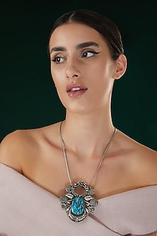 Silver Oxidized Finish Blue Stone Long Necklace