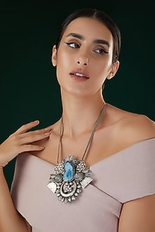 Silver Oxidized Finish White & Blue Stone Long Necklace