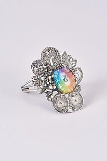 Silver Oxidized Finish Multi-Colored Stone Carved Bracelet