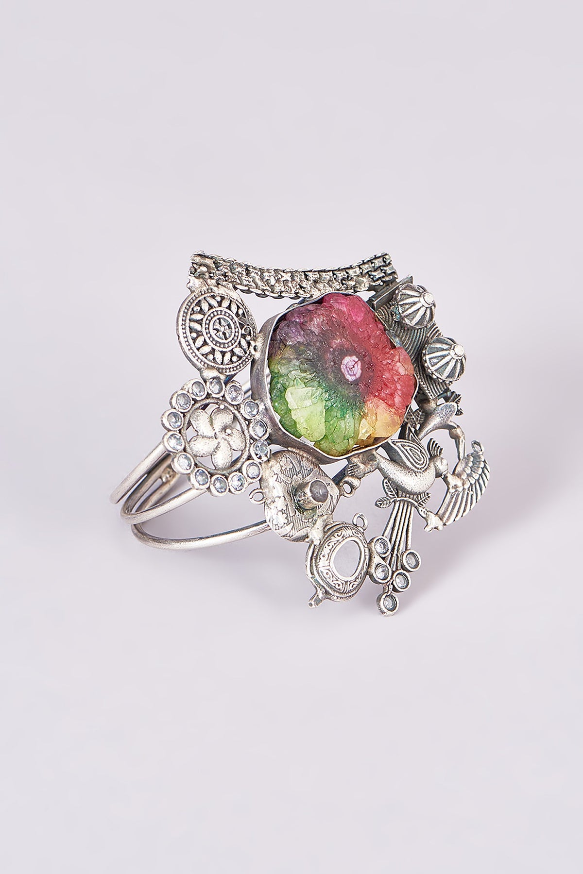 Silver Oxidized Finish Multi-Colored Stone Carved Bracelet