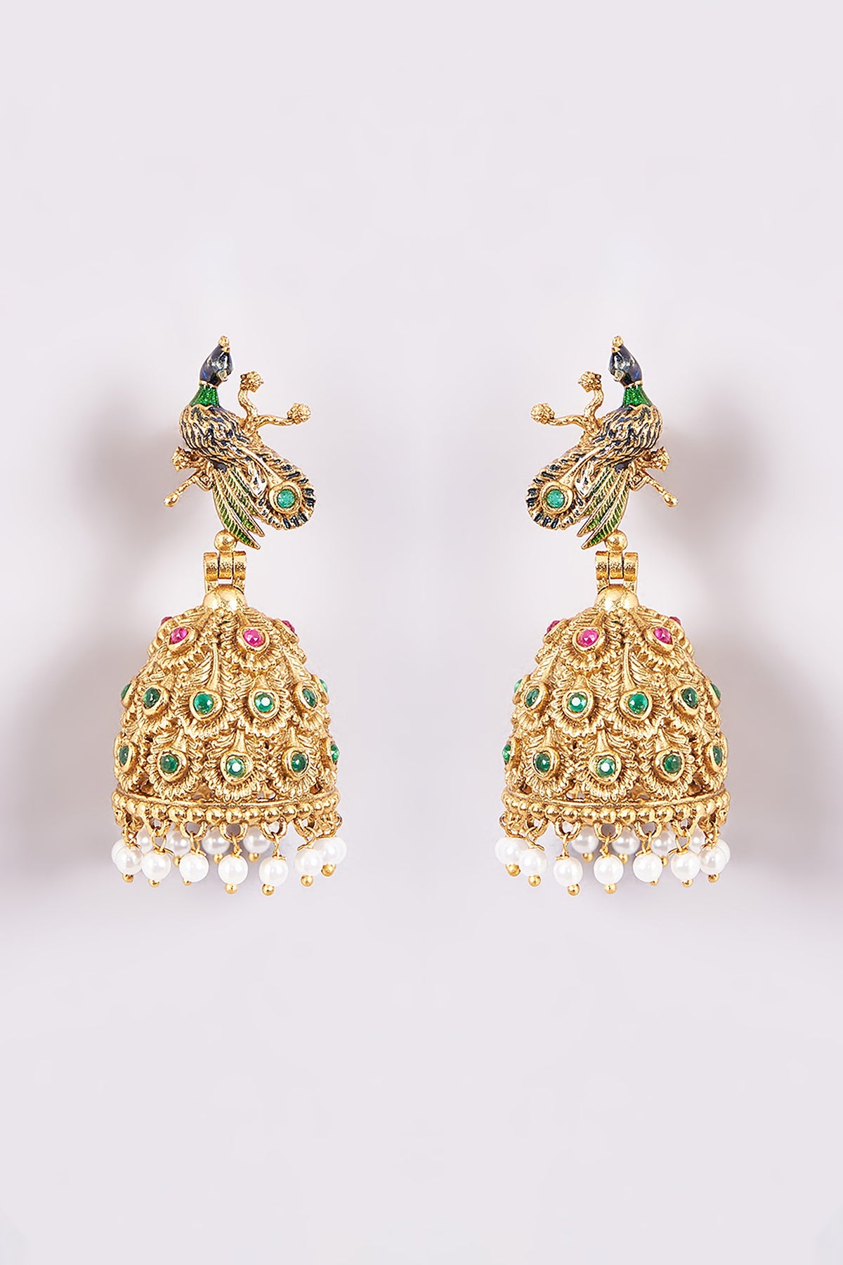 Gold Finish Green & White Stone Temple Dangler Earrings
