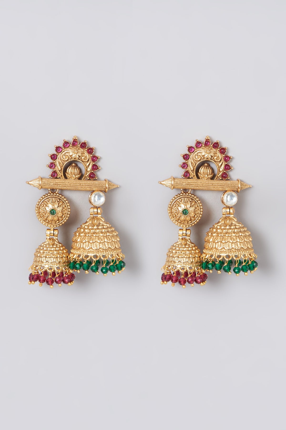Gold Finish Green Beaded Temple Earrings