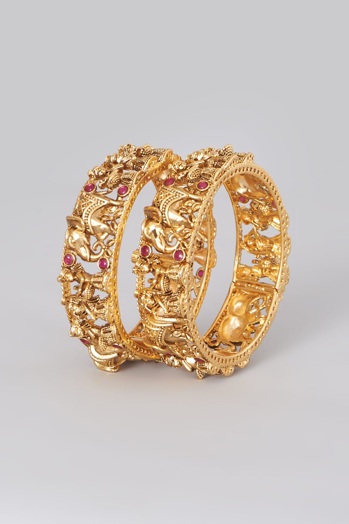 Gold Finish Red Stone Bangles (Set of 2)