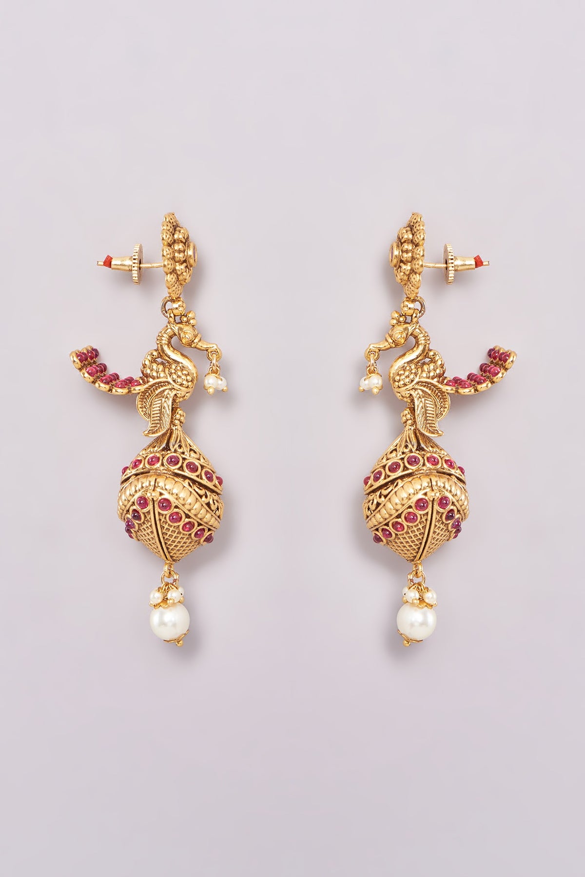 Gold Finish Pink Synthetic Stone & Pearl Temple Dangler Earrings