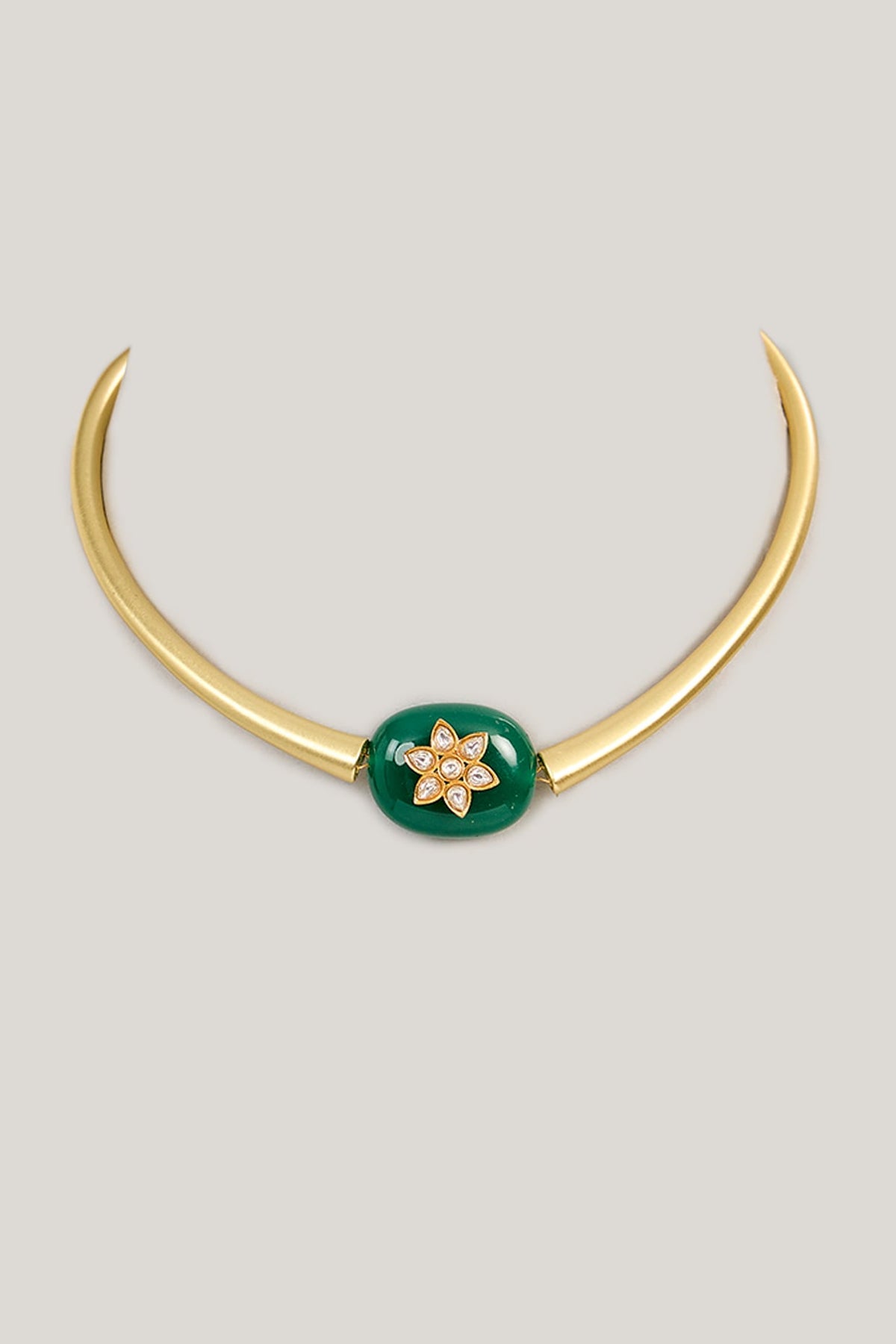 Gold Finish Green Gemstone & Zircon Hasli Necklace