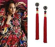 Gold Plated Black Stone and Red Silk Tassel Earrings