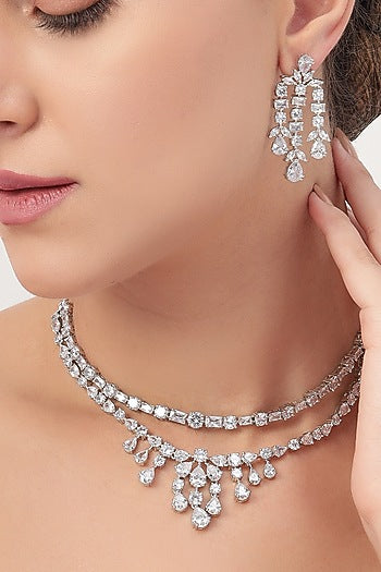 White Finish Zircon Layered Necklace Set