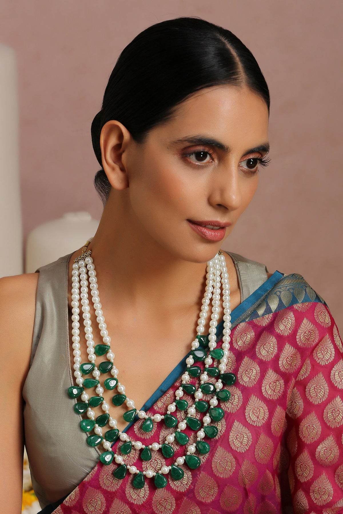 Green Pearl Embellished Layered Necklace