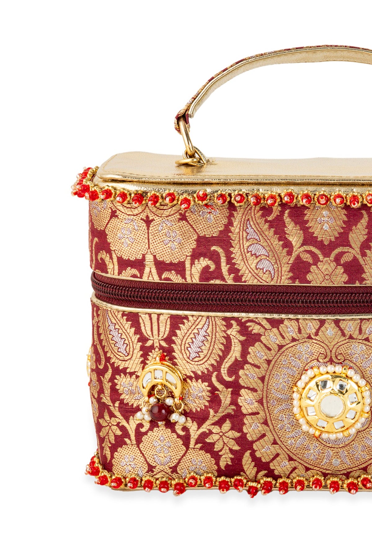 Maroon Brocade & PU Kundan Embellished Handbag