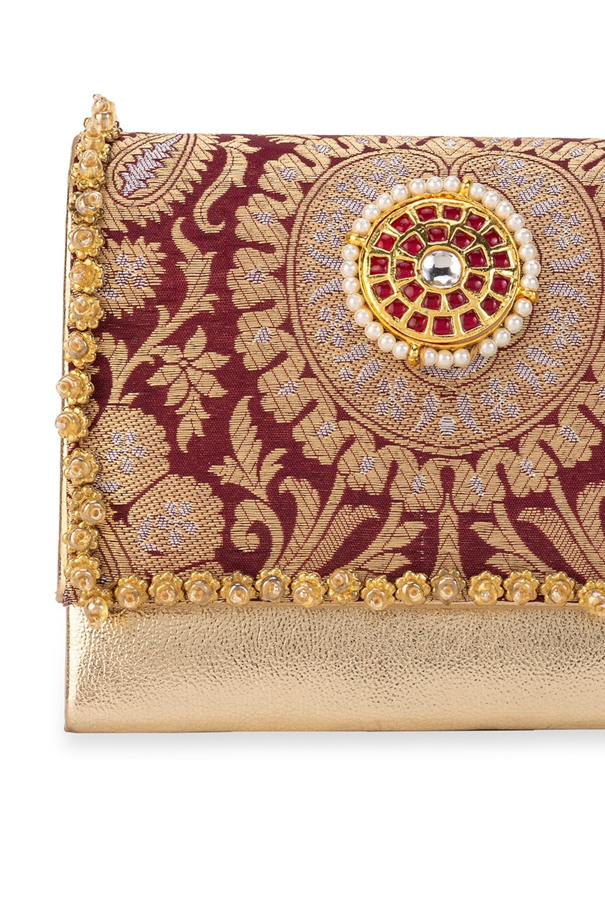 Maroon Brocade & PU Kundan Embellished Handbag