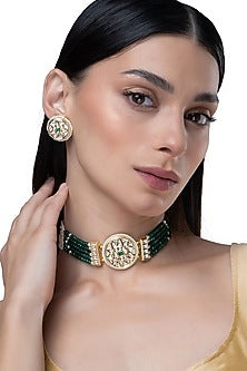 Gold Finish Pearl & Emerald Stone Choker Necklace Set