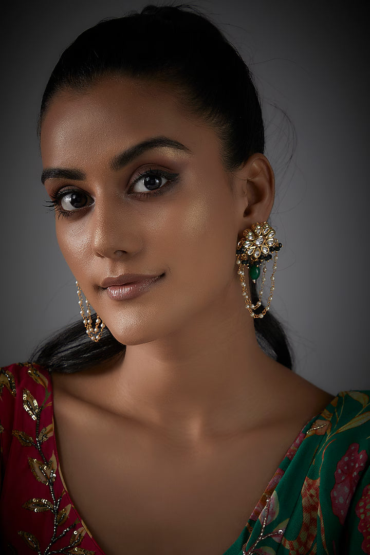 Gold Finish Kundan Polki & Emerald Floral Earrings