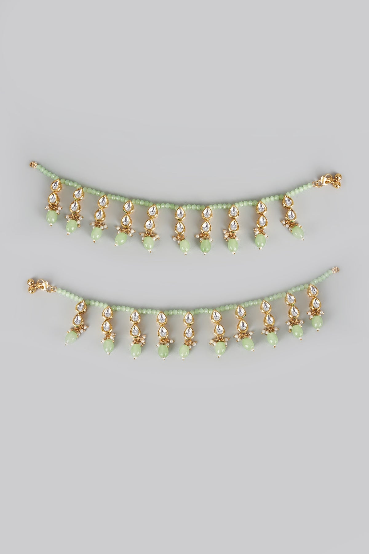 Gold Finish Kundan Polki & Mint Green Stone Anklets (Set Of 2)