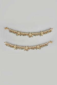 Gold Finish Kundan Polki & Green Beaded Anklets (Set Of 2)