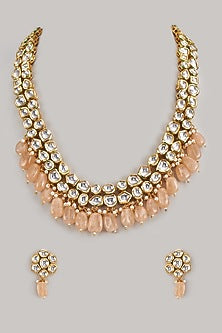 Gold Finish Kundan Polki & Champagne Drop Long Necklace Set