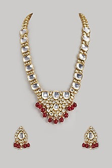 Gold Finish Kundan Polki & Red Stone Long Necklace Set