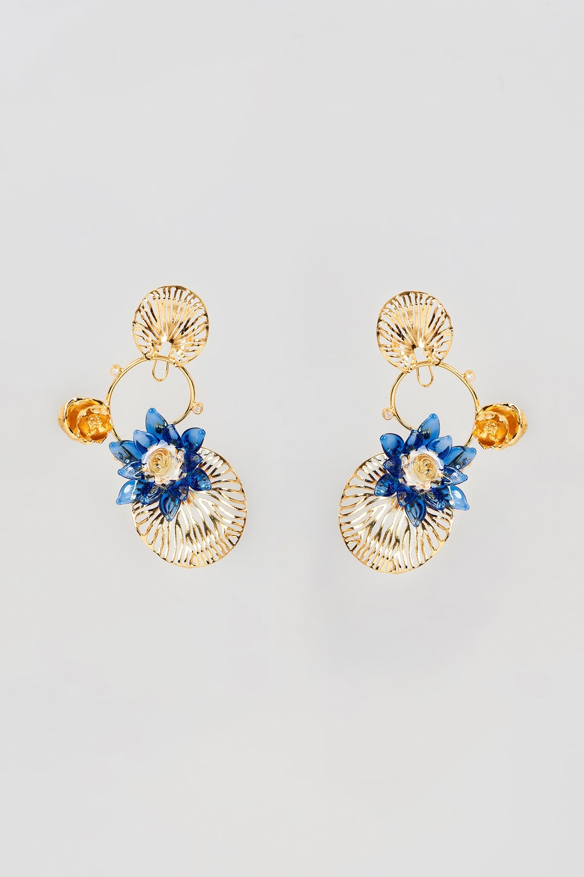 Gold Finish Blue Floral Dangler Earrings