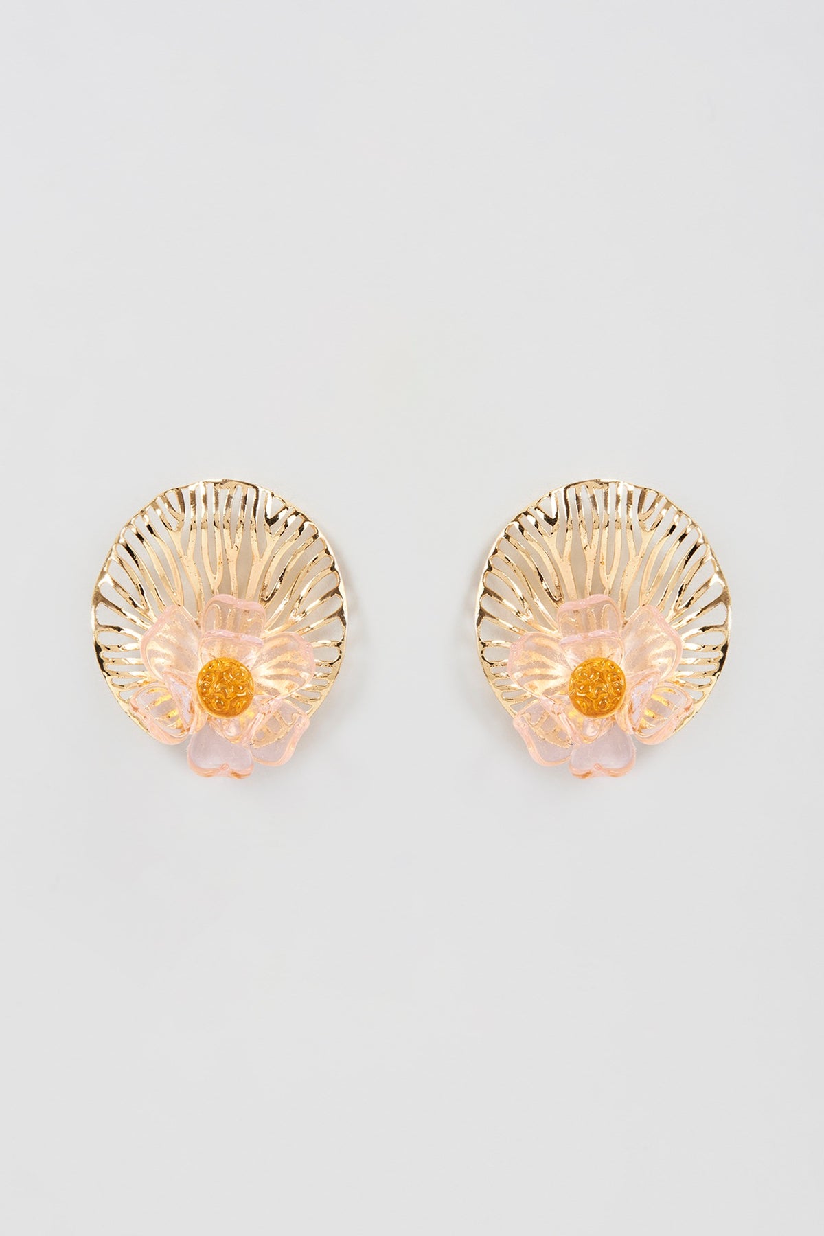 Gold Finish Pink Floral Stud Earrings