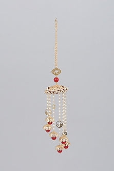 Gold Finish Kaleeras With Red & White Pearls