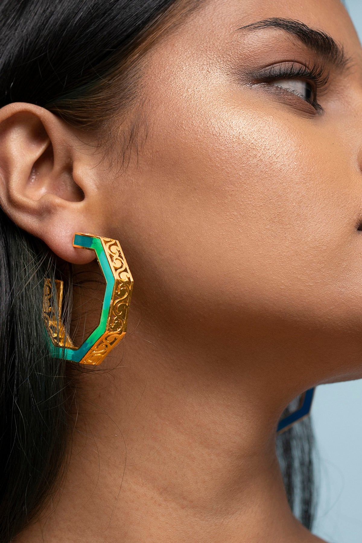 Gold Finish Blue Enameled Hoop Earrings