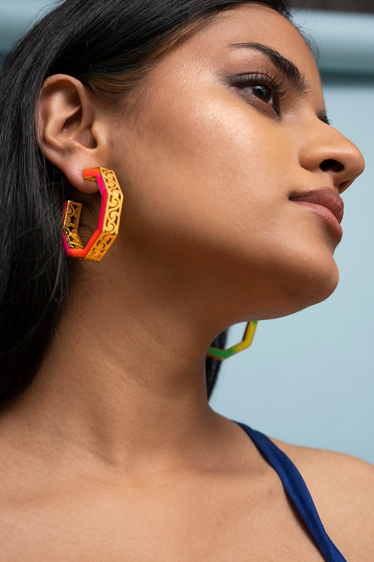 Gold Finish Green Enameled Hoop Earrings