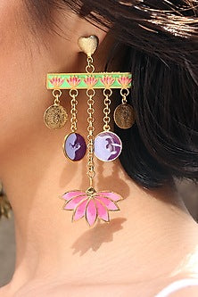 Gold Finish Green Enameled Earrings