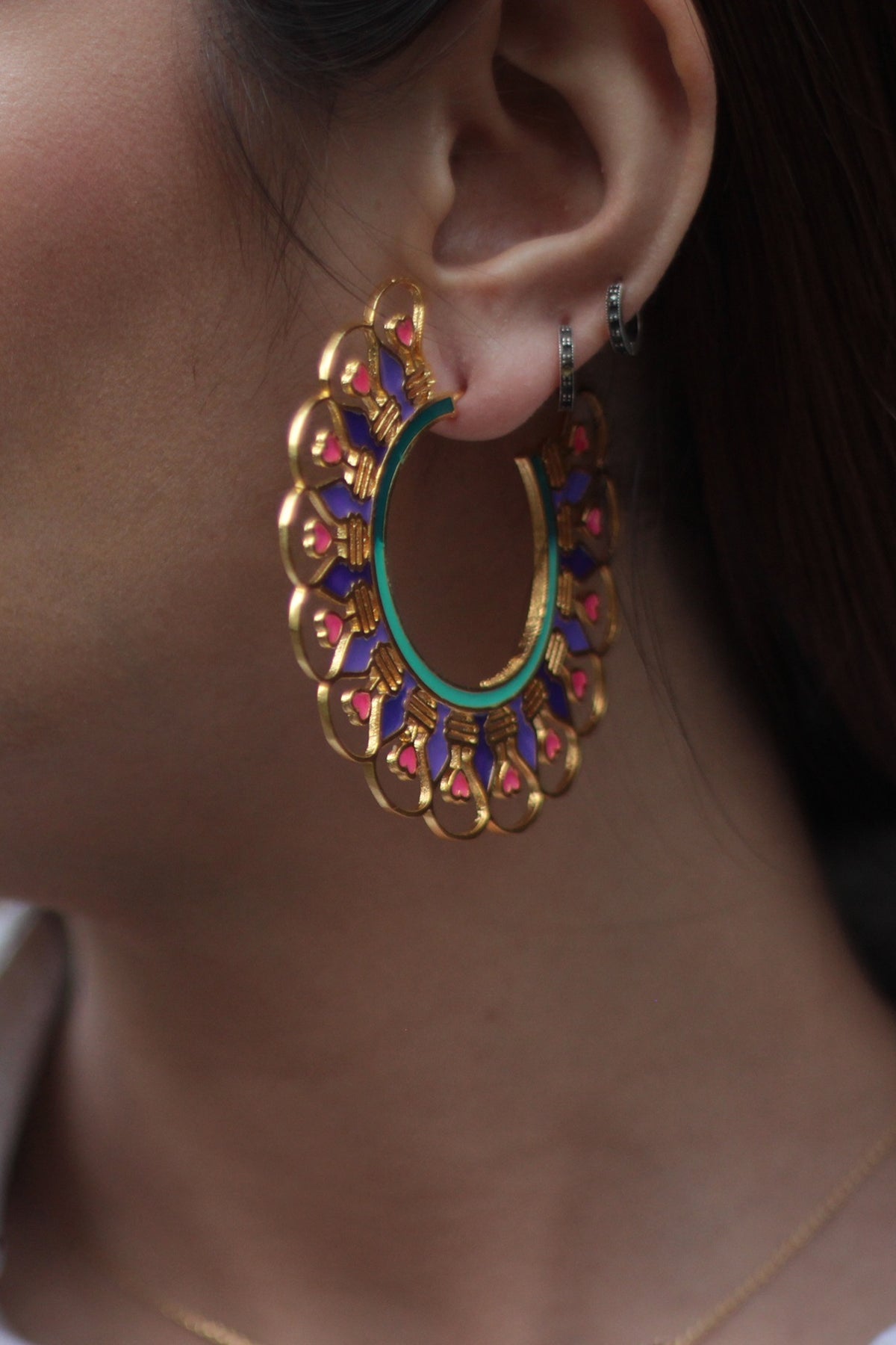 Gold Finish Purple Enameled Hoop Earrings