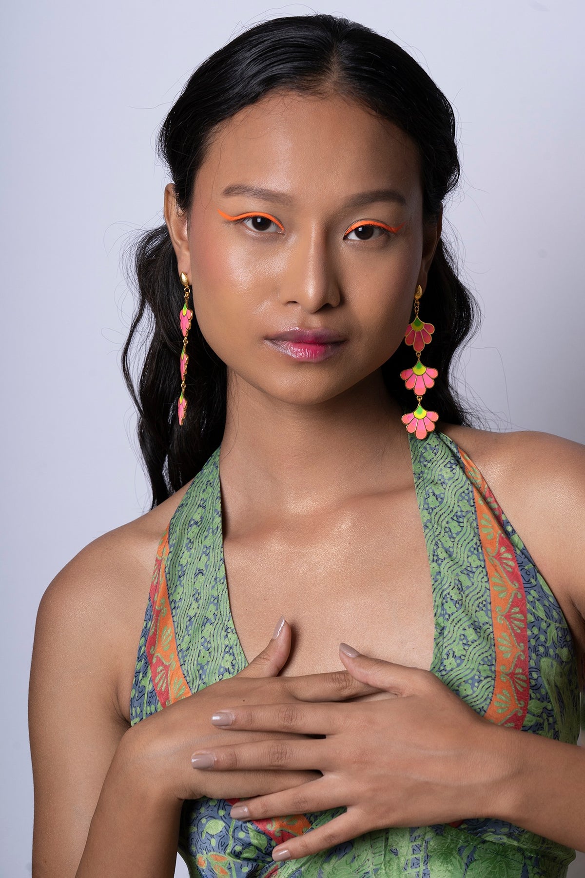 Gold Finish Pink Enameled Dangler Earrings