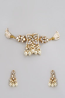 Gold Finish Kundan Polki & Mother Of Pearl Choker Necklace Set