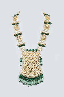 Gold Finish Green Kundan Polki Long Necklace