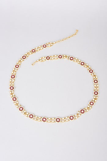 Gold Finish Red Kundan Polki Waist Belt