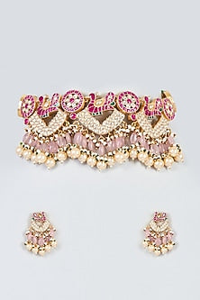 Gold Finish Red Kundan Polki & Pink Drop Necklace Set