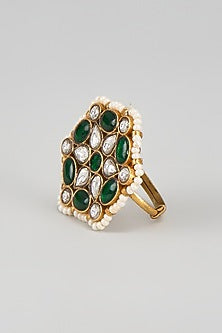 Gold Finish Green Kundan Polki Floral Ring
