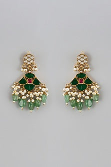 Gold Finish Multi-Colored Kundan Polki & Green Drop Dangler Earrings
