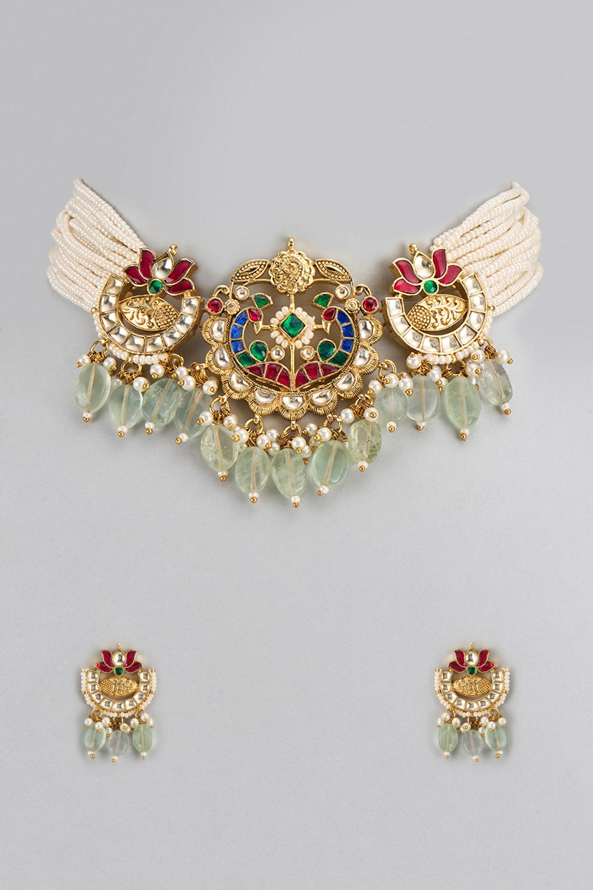 Gold Finish Multi-Colored Kundan Polki Necklace Set