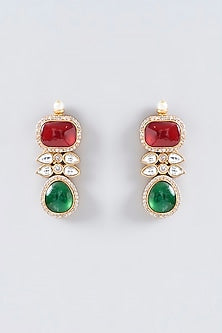 Gold Finish Red & Green Kundan Polki Necklace Set