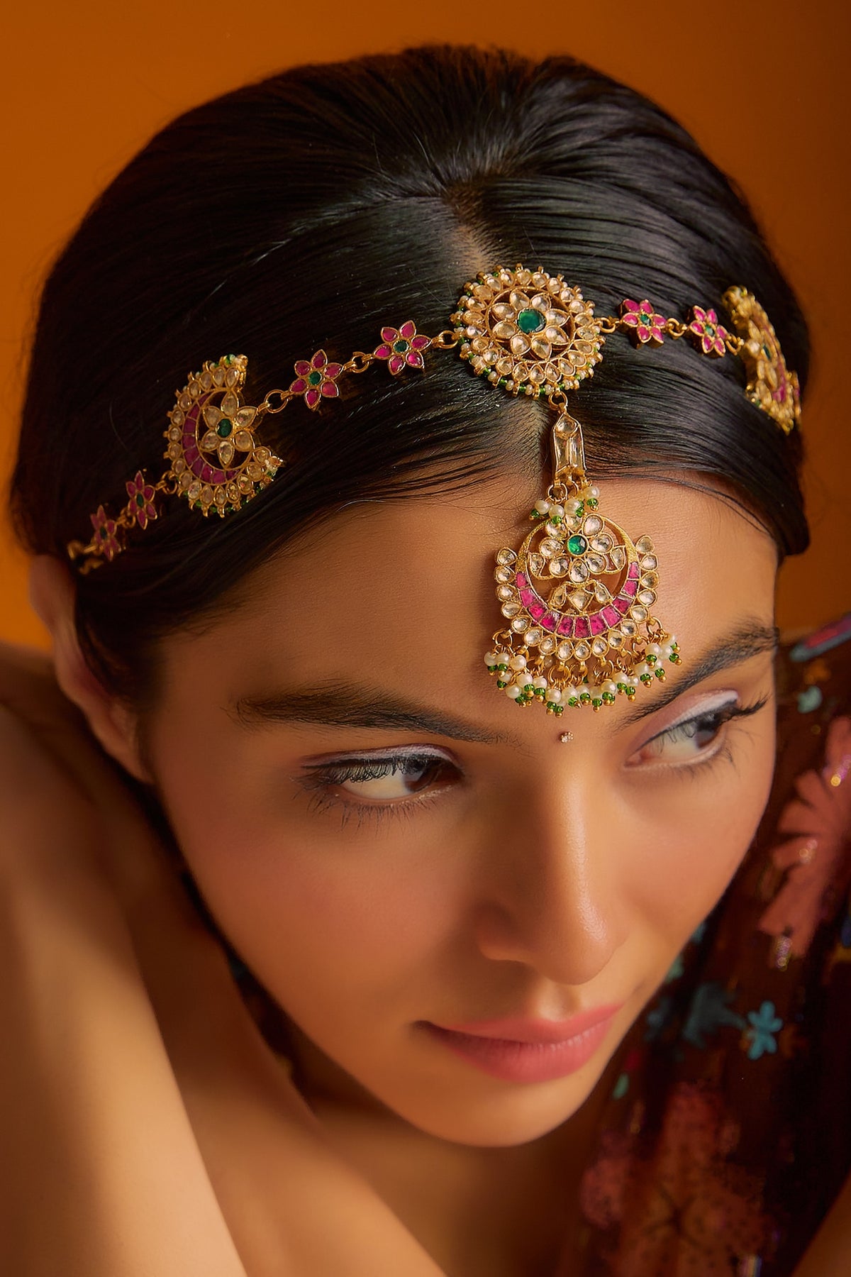Gold Finish Kundan Polki Red Sheeshphool