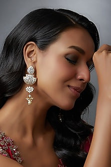 Gold Finish White Kundan Polki Dangler Earrings