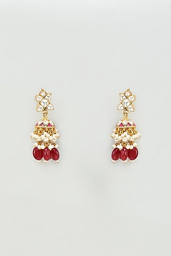 Gold Finish Kundan Polki & Red Stones Dangler Earrings