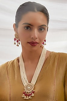 Gold Finish Kundan Polki Long Pendant Necklace Set