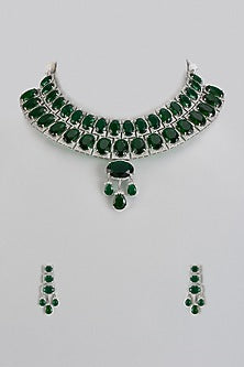 White Finish Emerald Green Stone & Zircon Long Necklace Set