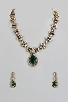 Gold Finish Green Stone & Kundan Polki Necklace Set