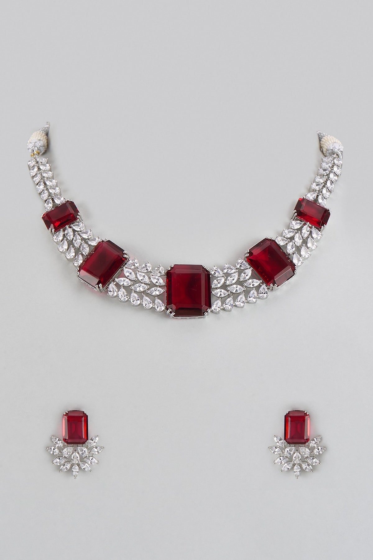 White Finish Red Stone & Zircon Necklace Set